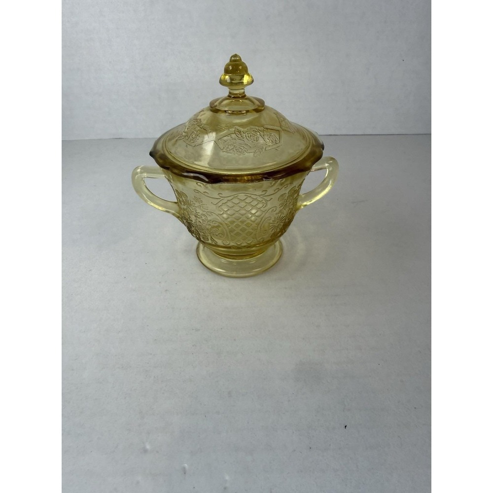 Federal Normandie Amber Yellow Sugar Bow With Lid Cover Depression Glass
